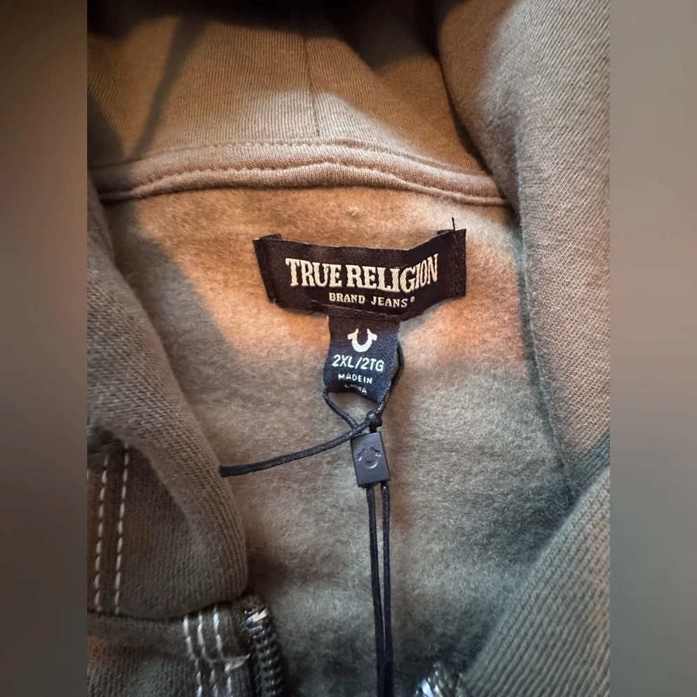True Religion Mens Olive Zip Up Long Sleeve Pockets Fleece Hoodie Size 2XL
